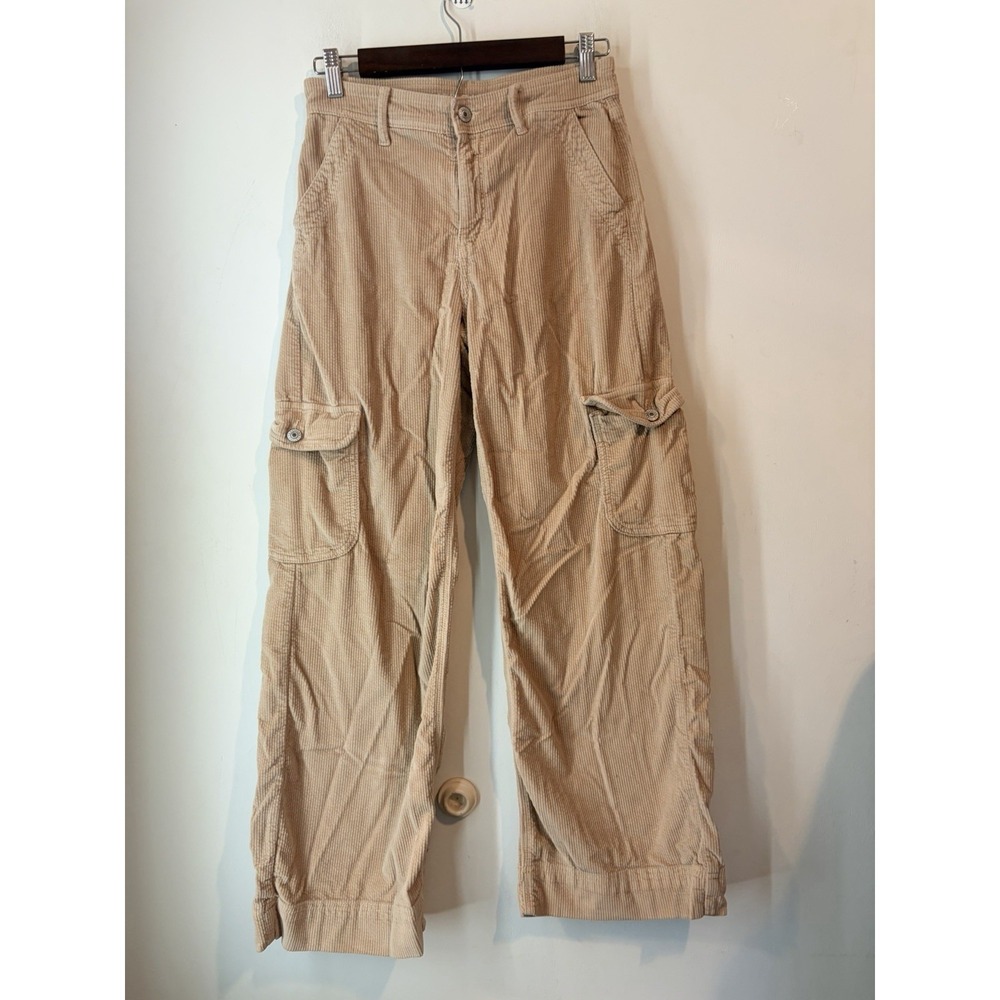 American Eagle Corduroy Cargo Pants Womens 0 Short Beige Wide Leg Y2K Utility